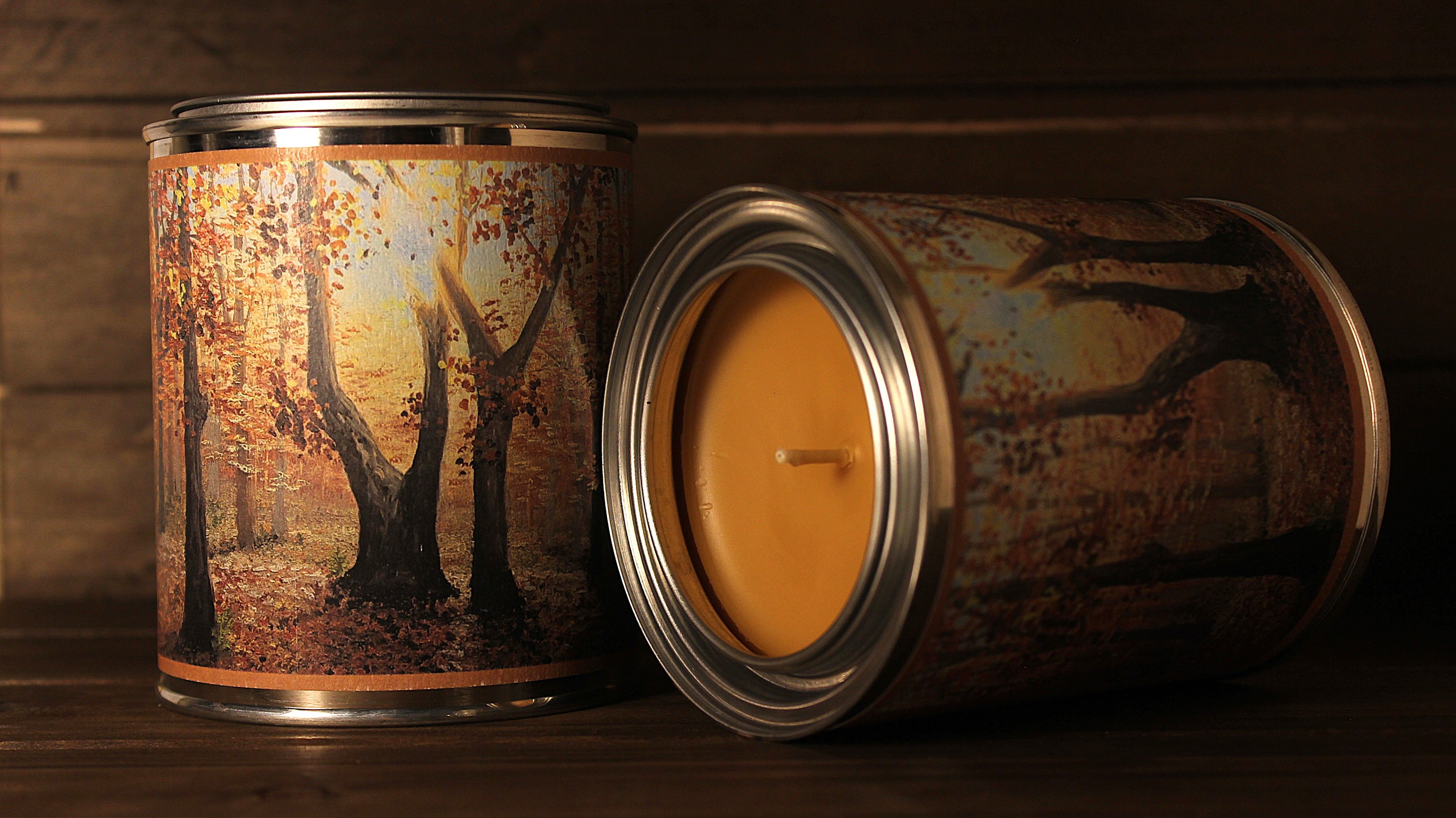tin soy wax candle with autumn tree design 